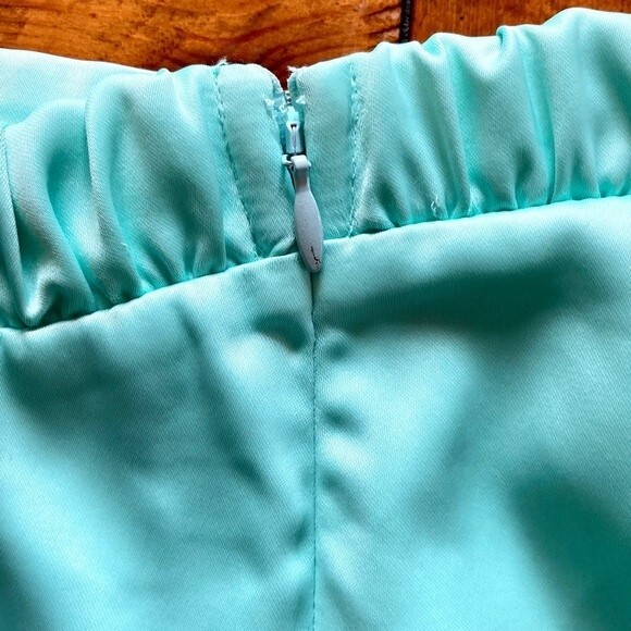 NEW For Love & Lemons Marie Asymmetrical Satin Aqua Side Slit Mini Skirt Size XS - Picture 9 of 15